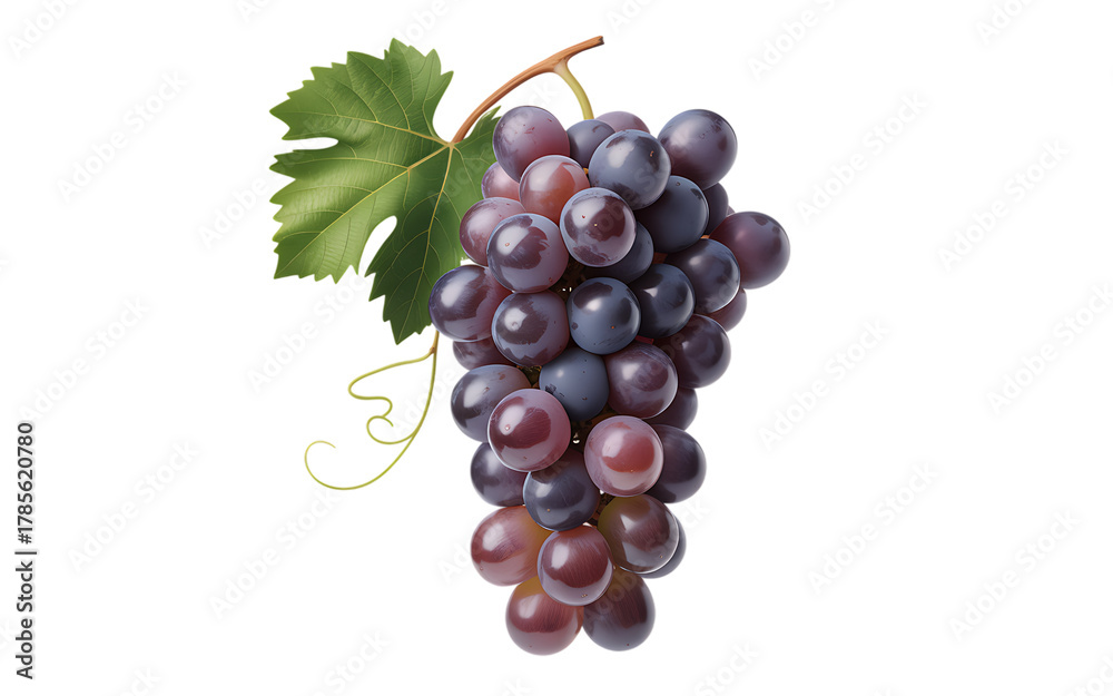 Fototapeta premium Bunch of ripe red grapes with a green leaf isolated on transparent background