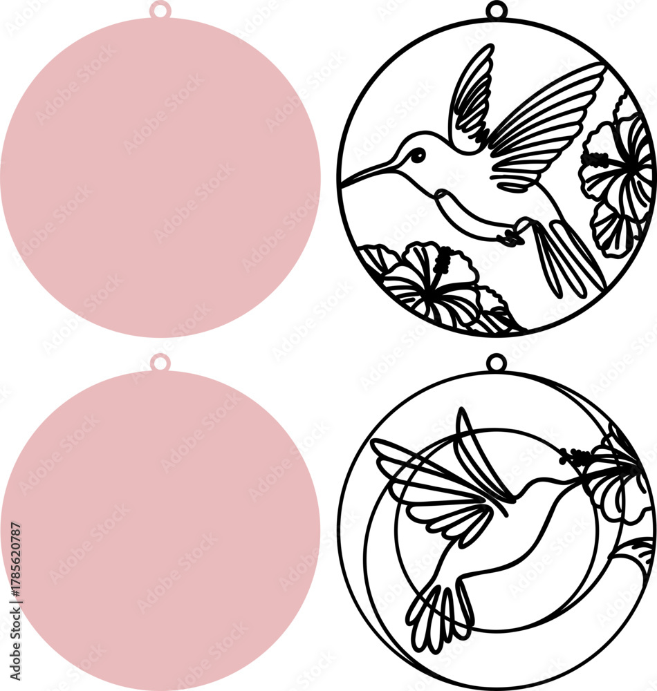 Obraz premium flying hummingbird ornament sun catcher svg, bird sipping flower nectar, nature plants, outline line art, laser ready cut files, glowforge silhouette cricut