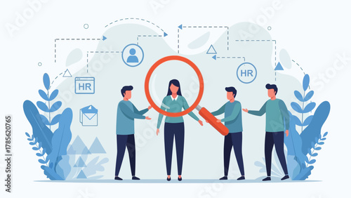 Human Resources Recruitment Concept Illustration. Team searching for the best candidate using a magnifying glass for talent acquisition and professional selection.