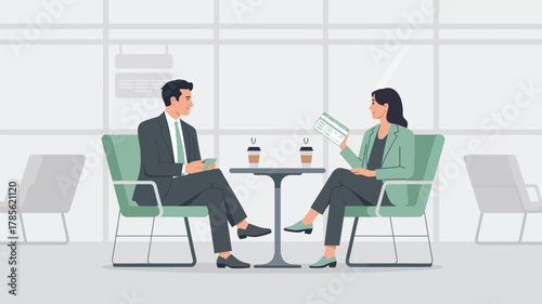 Man and woman in business attire sitting at a table with coffee and documents in a bright office space