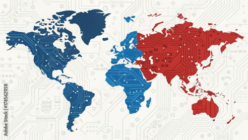 US and China trade tech rivalry illustrated by world map with circuit board patterns highlighting global technology competition