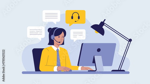 Illustration of a woman with a headset at a desk with a computer and speech bubbles above her head