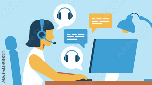 Illustration of a customer service representative with headset working at a computer with speech bubbles