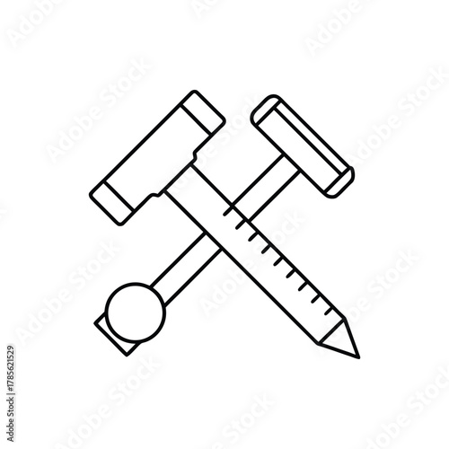 Clean line drawing depicting two foundational hand tools, a sturdy hammer interlaced with a graduated measuring device, representing the spirit of construction and skilled craftsmanship