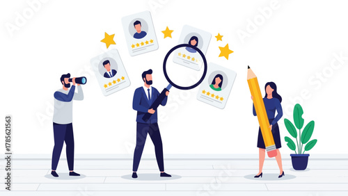HR Recruitment and Candidate Selection Process. Business team evaluating employee profiles with ratings using magnifying glass, telescope, and pencil.
