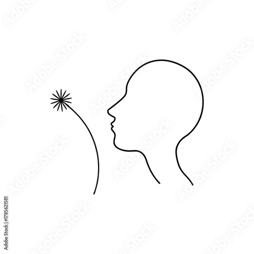 Minimalist line art illustration of a profile silhouette exhaling a dandelion