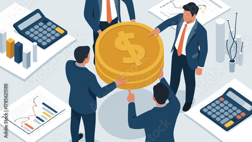 Businessmen collaborating around a stack of gold coins with charts and calculators on a white table