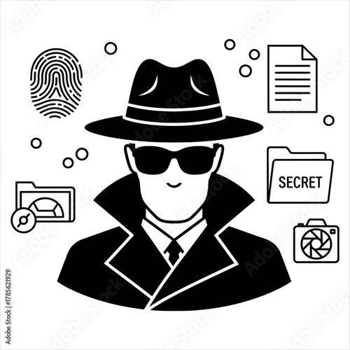 Graphic black silhouette of a spy in a fedora isolated on white background
