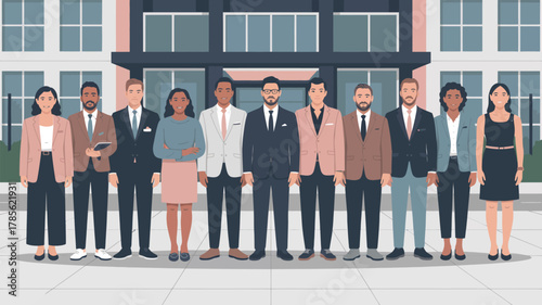 Group of diverse professionals standing in front of a building with large windows and a neutral color palette