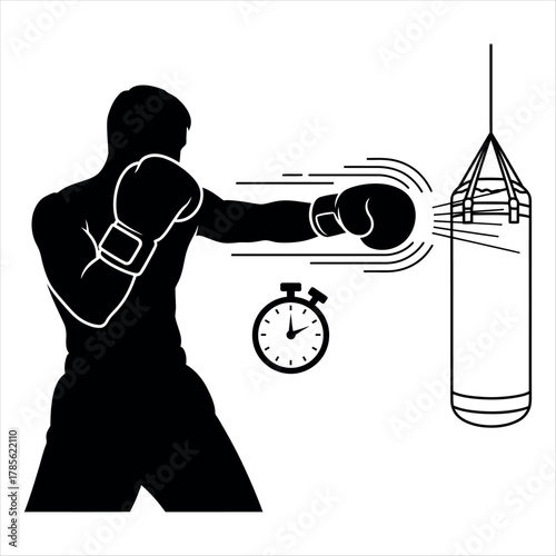 Bold black silhouette boxer fighting stance isolated on white background