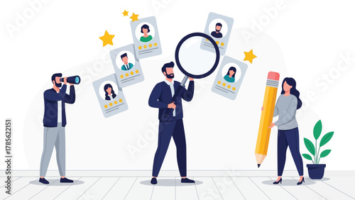 Hiring and Recruitment Process Vector Illustration. Talent Search, Candidate Evaluation, and CV Screening Concept