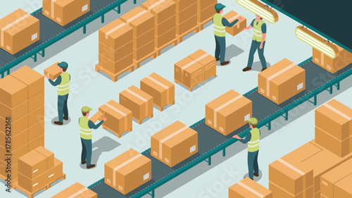 Isometric illustration of workers handling cardboard boxes on conveyor belts in a warehouse setting