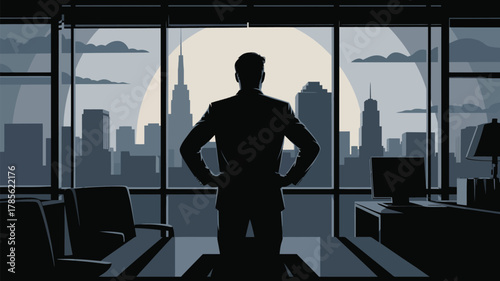 Silhouette of a man in a suit looking out a large window at a city skyline with clouds at daytime