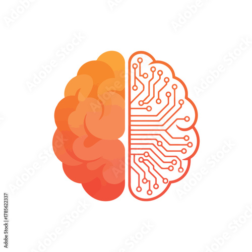 Digital brain with circuit board pattern and organic left hemisphere