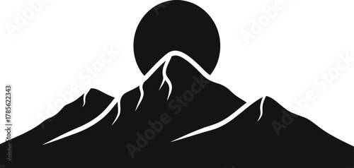 Black silhouette of mountains with a sun behind them on a white background moon landscape