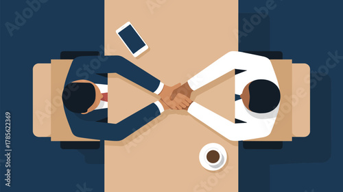 An overhead view of two business people shaking hands across a table with a phone and coffee cup