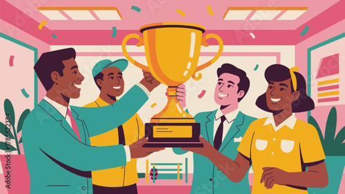 A group of diverse people celebrating with a golden trophy in a colorful and modern office space