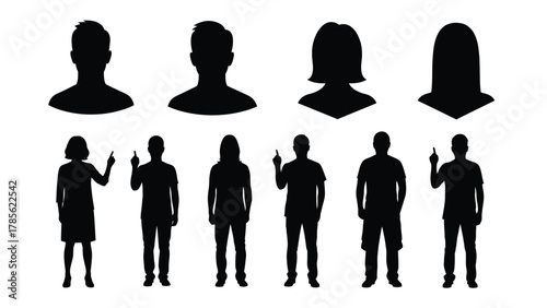 Set of Diverse People Silhouettes Including Full Body Figures and Avatar Profiles Collection
