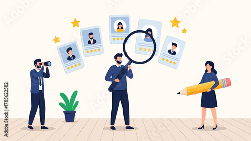 Professional Recruitment and Talent Acquisition Vector Illustration. HR Managers Selecting Candidates, Reviewing Online Profiles, Resumes, and Qualifications for Hiring Process.