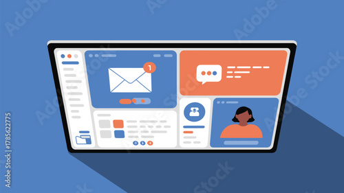 Illustration of a dashboard interface with email chat and profile sections on a tablet device