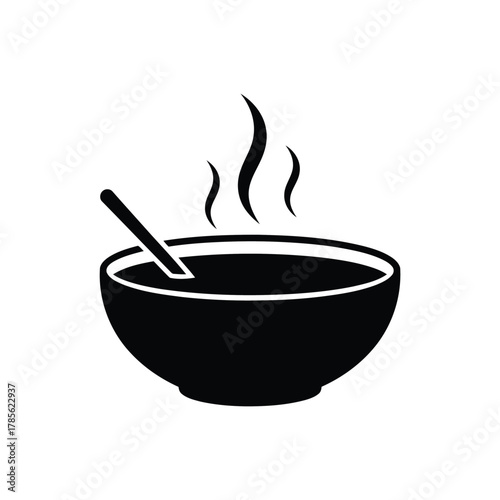 Simple black icon of a steaming bowl of soup with a spoon