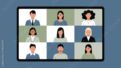 A digital tablet displaying a video conference with nine participants in a grid layout on a blue background