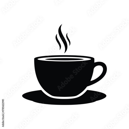 Black silhouette of a steaming coffee cup and saucer icon