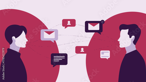 Illustration of two people communicating with message bubbles and profile icons on a pink background