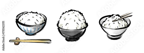 白ごはんの筆描き墨絵ベクターイラスト