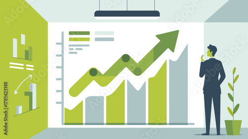 A man in a suit stands next to a large chart showing an upward trend with a plant in the corner room