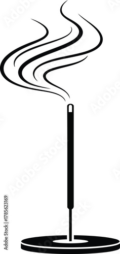 Single black incense stick with smoke on white background burning aroma