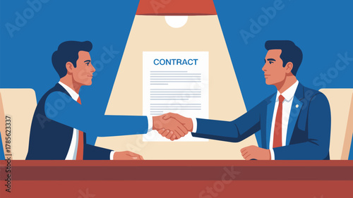 Two businessmen shaking hands over a contract agreement in an office setting with blue background