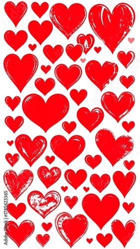 A collection of various red heart shapes, ranging in size and texture, against a white background. Some have brush strokes