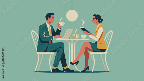 Man and woman in business attire at a table with laptop tablet and coffee in a light green setting