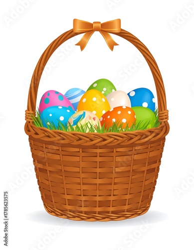 A decorative wicker basket overflowing with vibrantly colored, patterned eggs amidst grass, topped with a golden bow