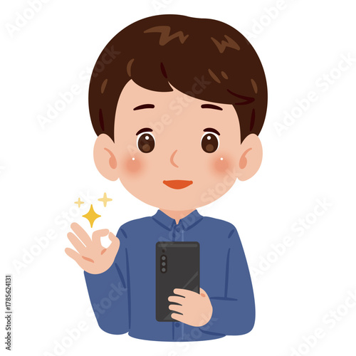 スマートフォンを持ってOKポーズする男性　上半身イラスト／Upper Body Illustration of Man Giving OK Sign While Holding Smartphone