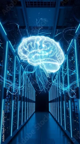 A futuristic representation of a brain illuminated by blue lights in a high-tech data center, symbolizing the intersection of artificial intelligence and advanced technology.