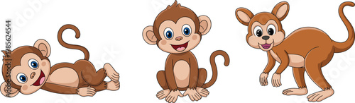 Cute cartoon monkey characters set, funny playful baby monkeys vector illustration for kids education, animation, and jungle animal design