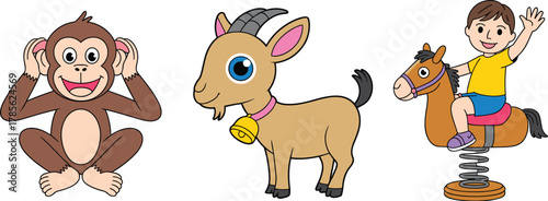 Cute cartoon monkey goat and happy kid riding horse toy, fun animal friends vector illustration for children education design
