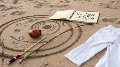Capoeira Roda Circle Drawn in Sand with Berimbau and Book