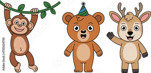 Cute cartoon monkey bear and deer illustration, jungle and forest animals for kids learning, nursery design, vector character set