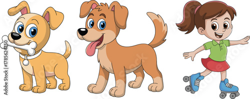 Cute cartoon dogs and happy girl roller skating, funny kids characters, pet and animal illustration, friendship and fun vector