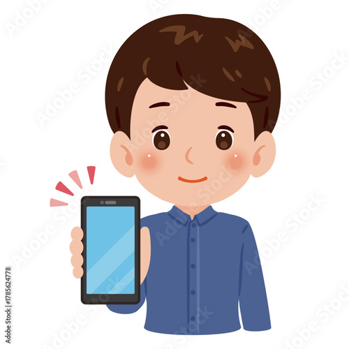 スマートフォンの画面を見せる男性　上半身イラスト／Upper Body Illustration of Man Showing Smartphone Screen