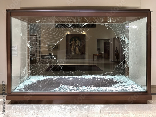 Museum heist. Empty display case with shattered glass, representing theft of priceless artefacts.