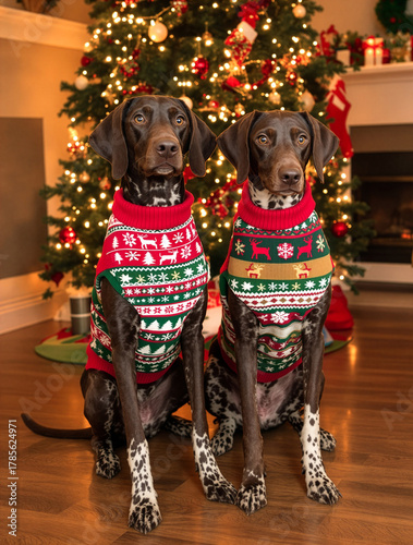 Pair of German Shorthaired Pointers wearing festive Christmas sweaters, in front of Christmas tree and fireplace.