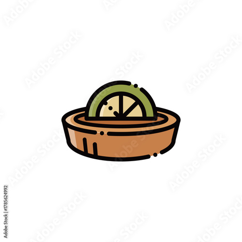 This image features a zesty lemon tart with tangy filling, crispy crust and cute lemon slice. Perfect for summer dessert or bakery designs, with scalable vectors.