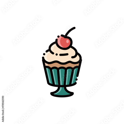 This image features a retro sundae with fluffy cream swirl topped by a cherry in vintage teal glass. Perfect for dessert or diner designs, with scalable vectors.