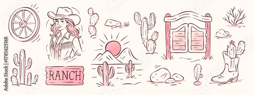 Cowgirl western hat and boot illustration with pink ranch landscape and cactus doodle in whimsical style. Cowgirl western vector design for bachelorette theme, cute aesthetic country poster element.