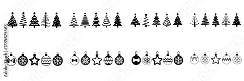 Christmas tree and ornament icon set in black and white festive holiday design

