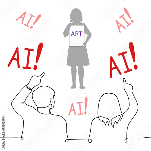 female artist shows off her art and people shout "AI!" - one-line art vector. A woman is accused of using AI or taking credit for AI results